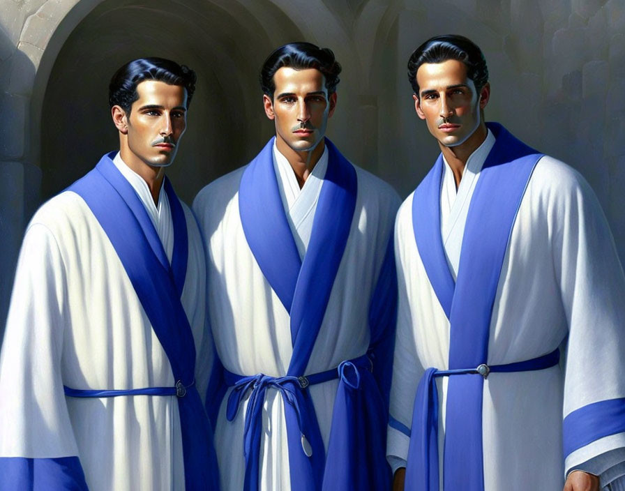 Three men in white robes with blue shawls standing in stone hallway