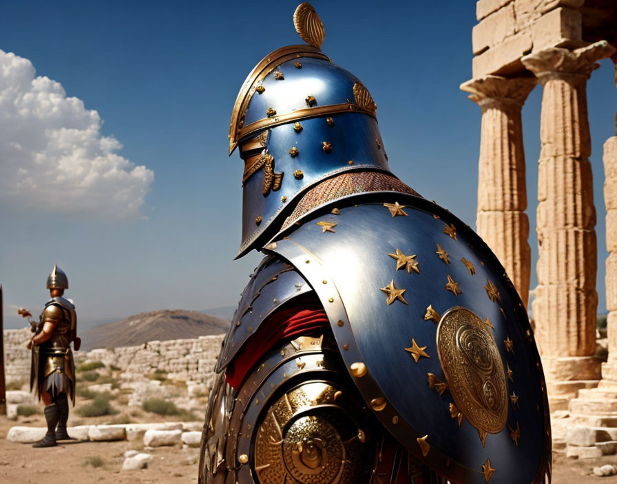 Armored knights near ancient ruins under clear sky, one with blue cloak.