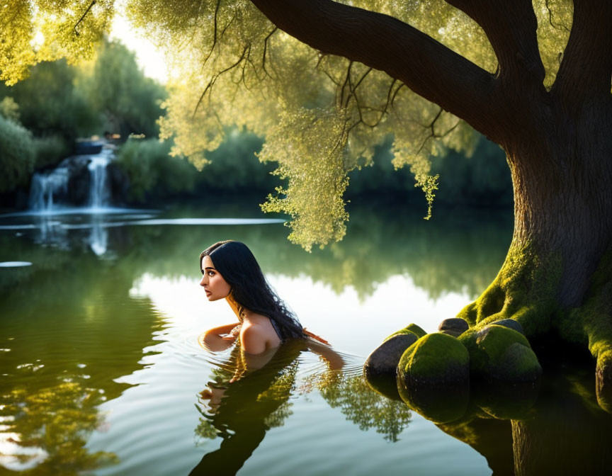 Woman swimming in serene pond by weeping willow with waterfall and lush greenery