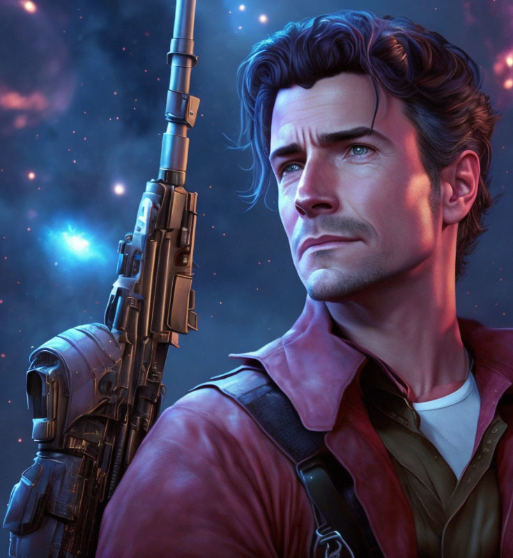 Man with Dark Hair and Futuristic Rifle on Starry Background