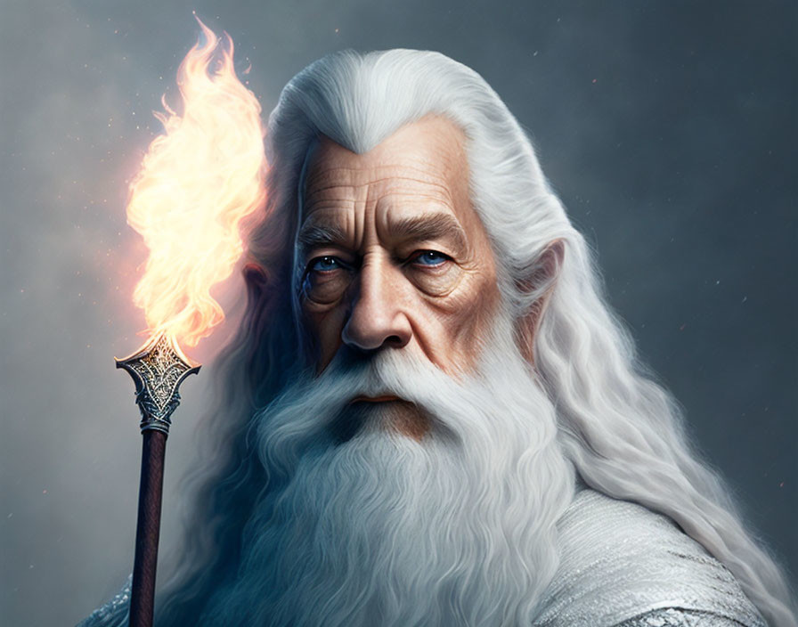 Elderly wizard with white hair, beard, blue eyes, and flaming staff