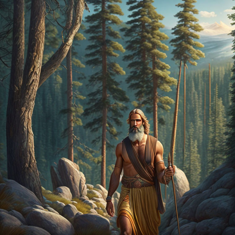 Muscular bearded warrior in ancient attire with spear in serene forest landscape