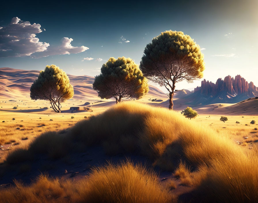 Tranquil landscape with rolling hills, trees, farmhouse, and rock formations