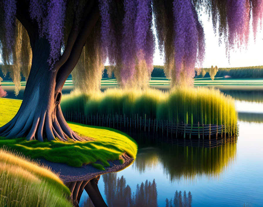 Tranquil sunset landscape with weeping willows and pond