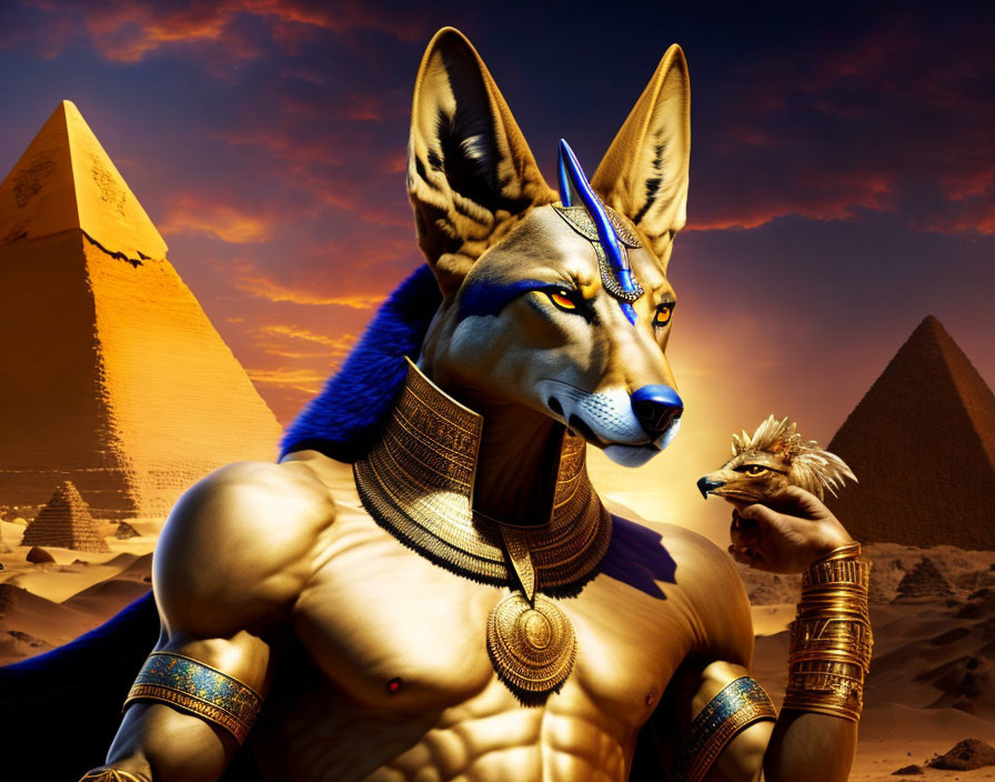 Anthropomorphic jackal in Egyptian attire with scepter by pyramids