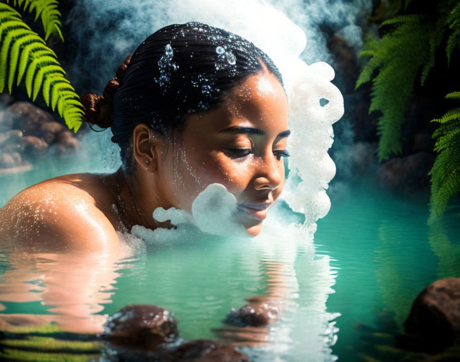 Woman partially submerged in misty hot spring surrounded by ferns and bubbles on her face