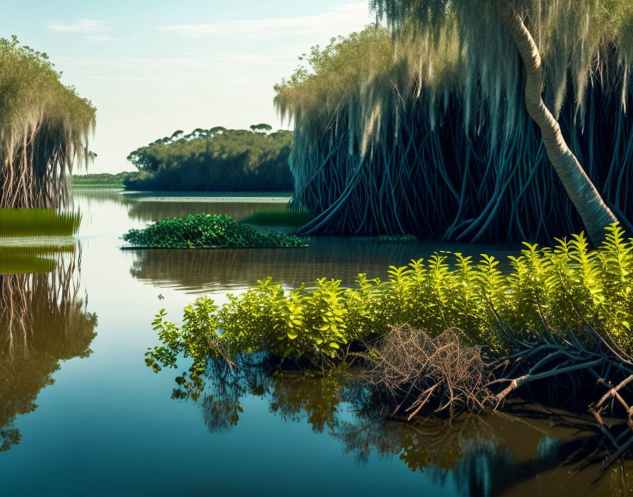 Scenic river landscape with willow trees and lush greenery