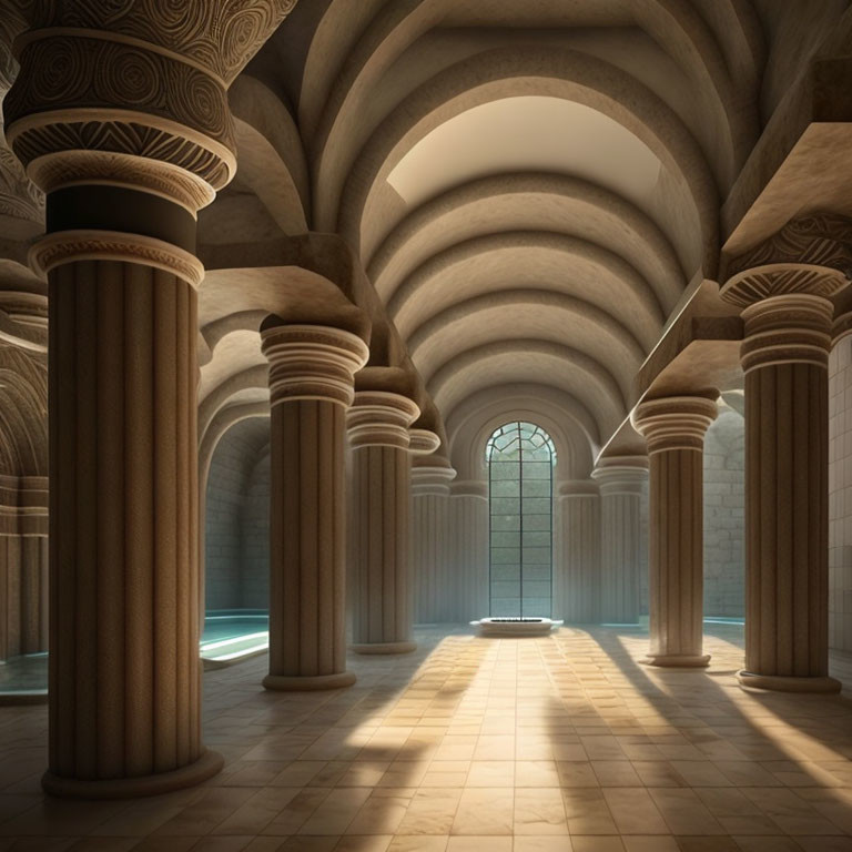 Serene hall with arched window and stone columns