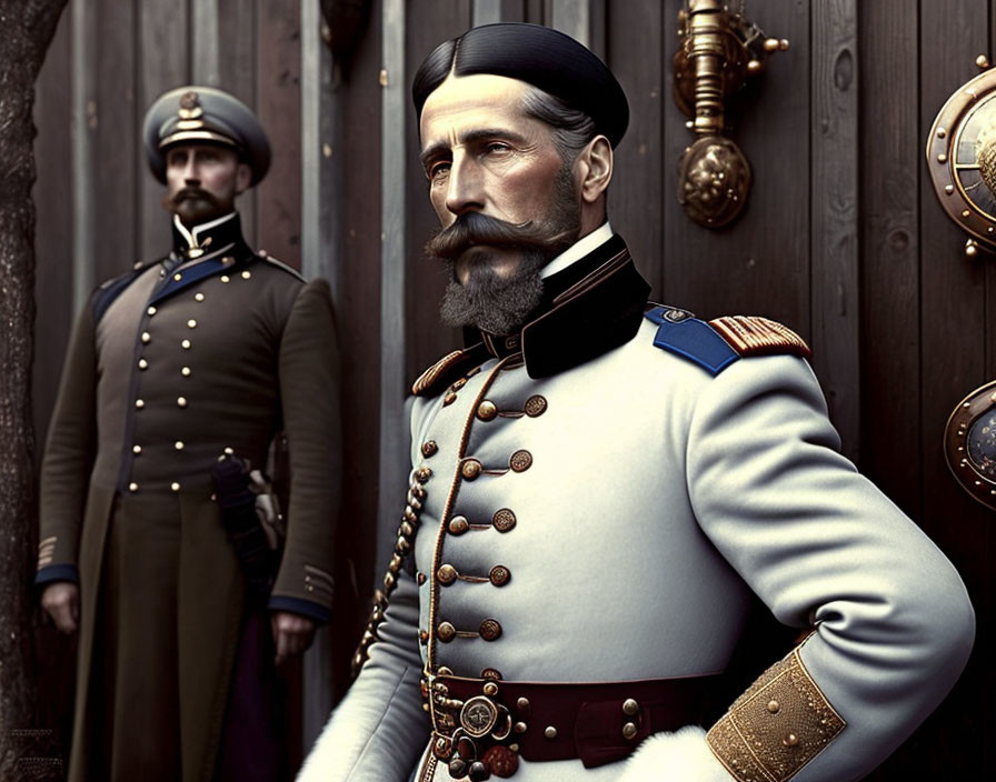 Uniformed military officers standing by decorated wooden wall