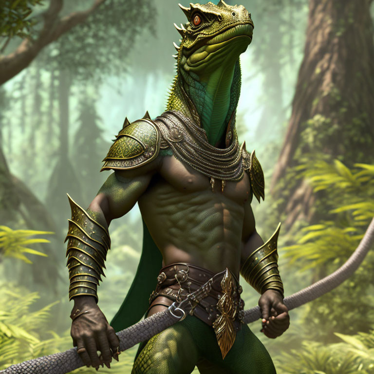 Green-scaled humanoid in golden armor with weapons in lush forest