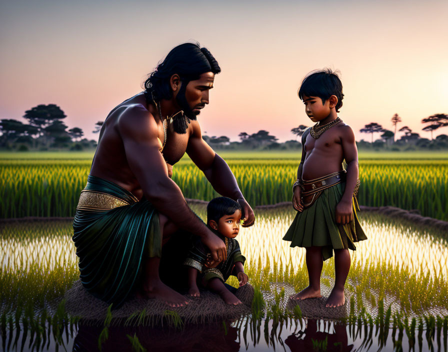 Animated image of adult male with children in traditional attire at sunset