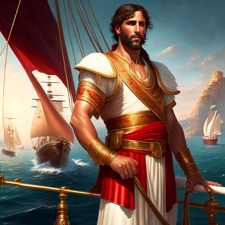 Ancient warrior in leadership stance by sea with ships in background