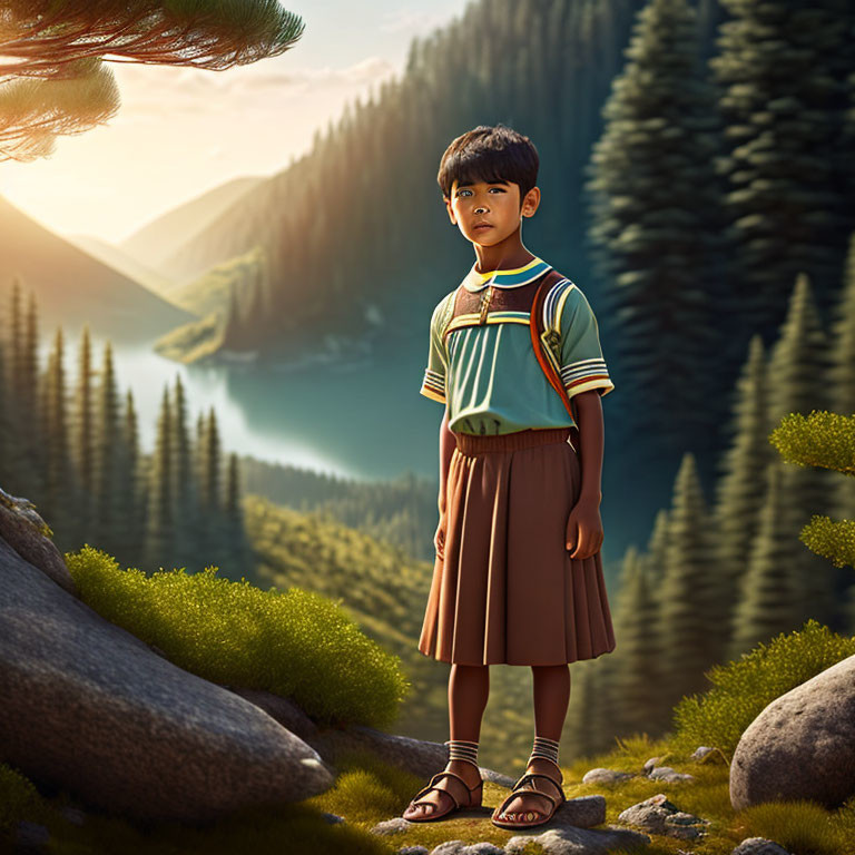 Animated child on rocky ground with forest and river at golden hour