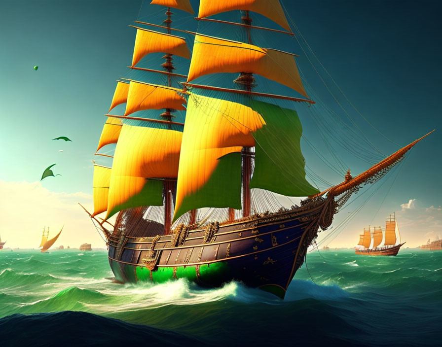 Majestic sailing ship with vibrant orange sails on turquoise waves