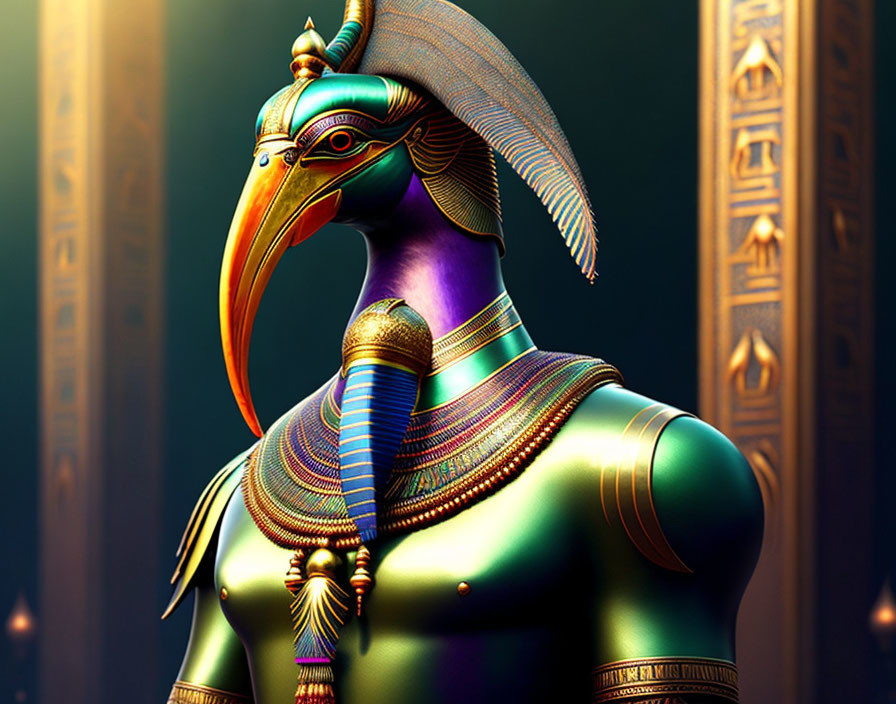 Digital artwork: Anthropomorphic figure with bird head in Egyptian attire