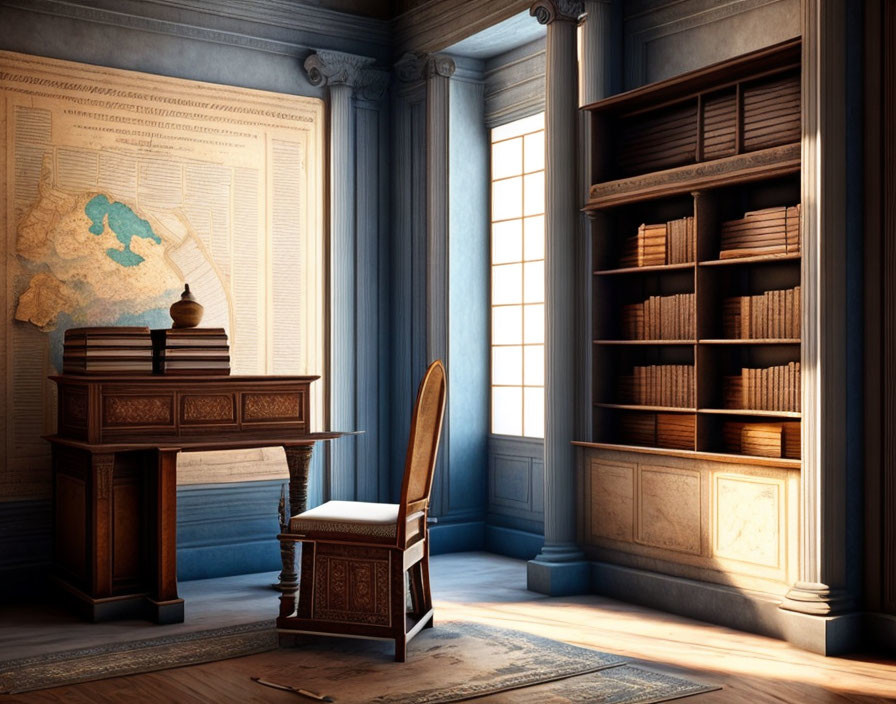 Vintage study room with wooden desk, chair, bookshelf, map, and sunlight.