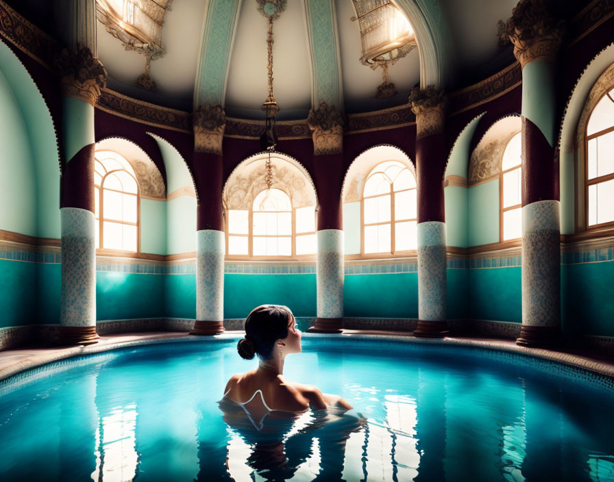 Tranquil indoor pool with arched windows and exquisite detailing