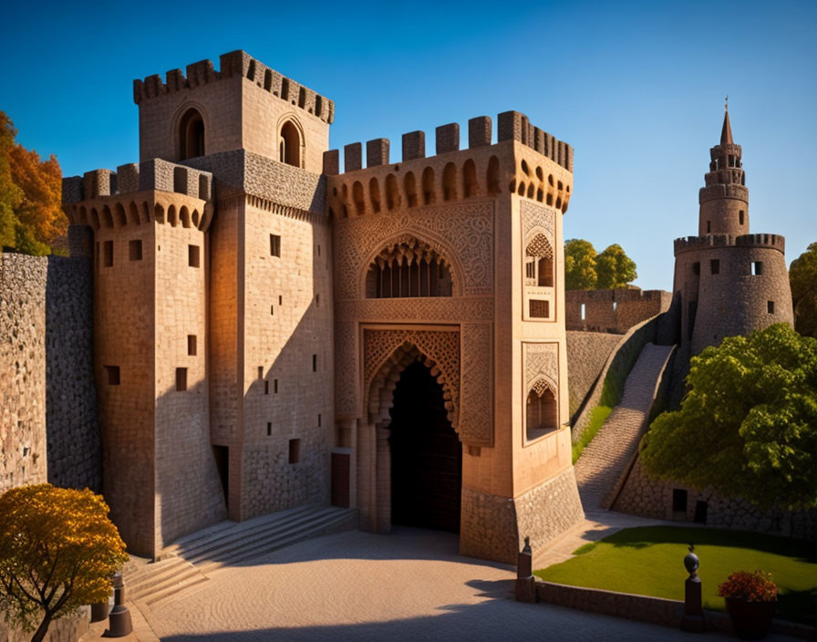 Medieval castle gateway with towers and cobblestone path