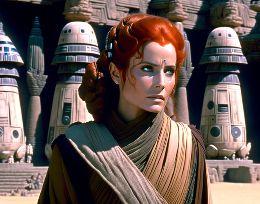 Red-Haired Female Character with Braided Updo Among Futuristic Droids