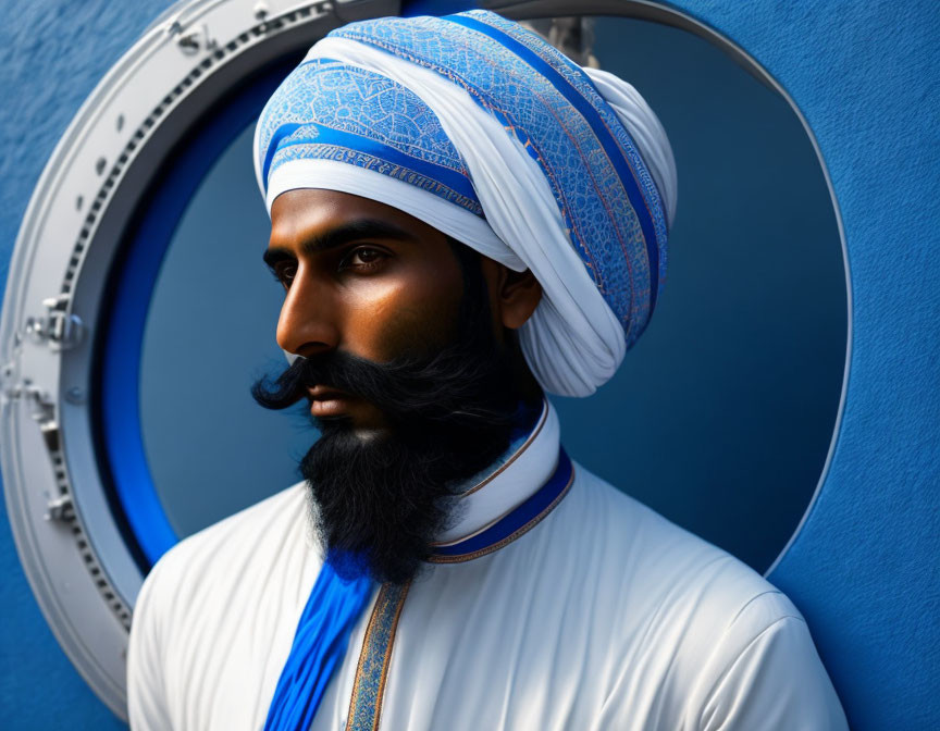 Man in Blue Turban and Attire Poses Against Circular Blue Background