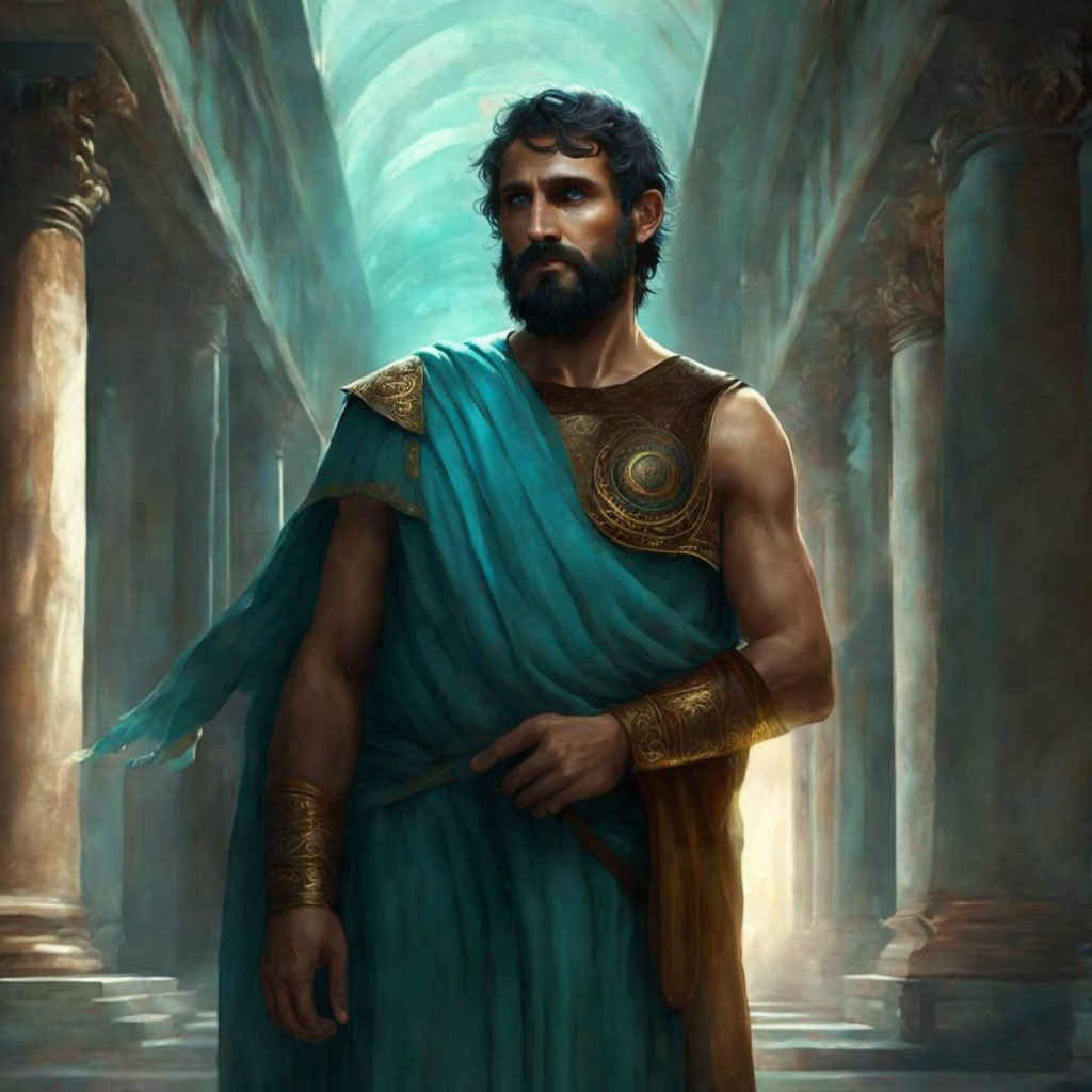 Bearded man in ancient Grecian attire with blue toga and golden arm accessories.