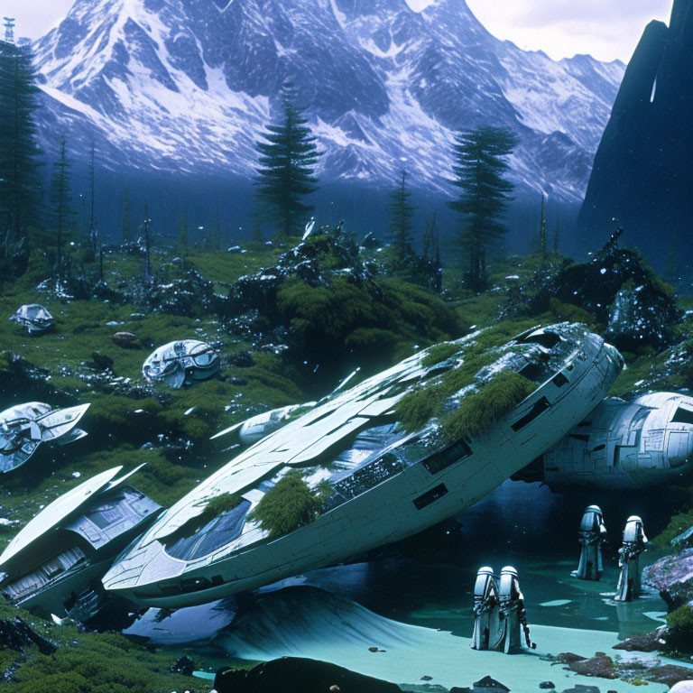 Crashed spaceships in misty mountain landscape with figures in spacesuits