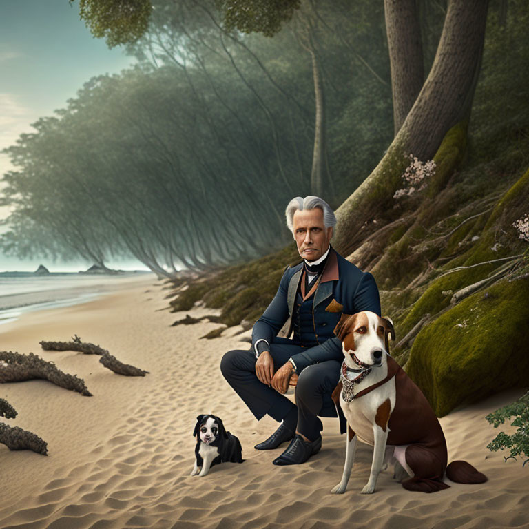 Grey-Haired Man with Dogs on Beach