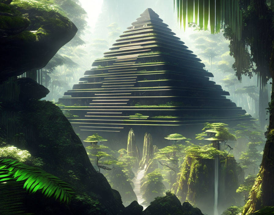 Stepped pyramid in luminous green forest with ethereal light rays