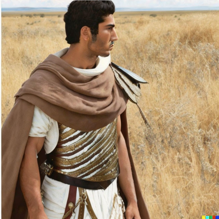 Ancient warrior in cape standing in dry grass field