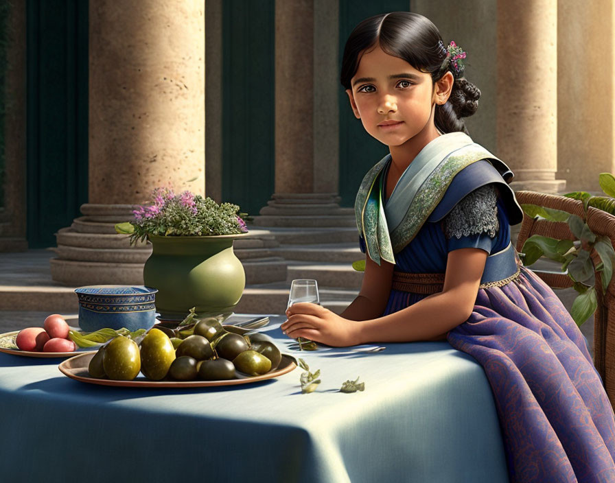 Young girl in traditional dress with olives and fruits at table with classical columns