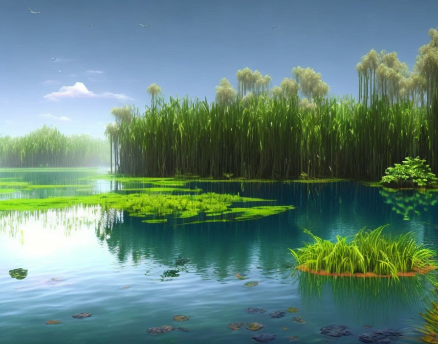 Tranquil lake scene with lush greenery and reflective water under bright blue sky