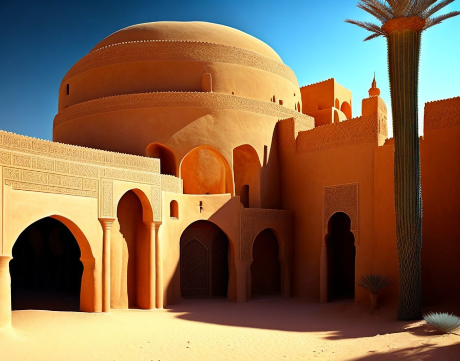 Traditional Middle Eastern building with domes and arches against blue sky and palm tree