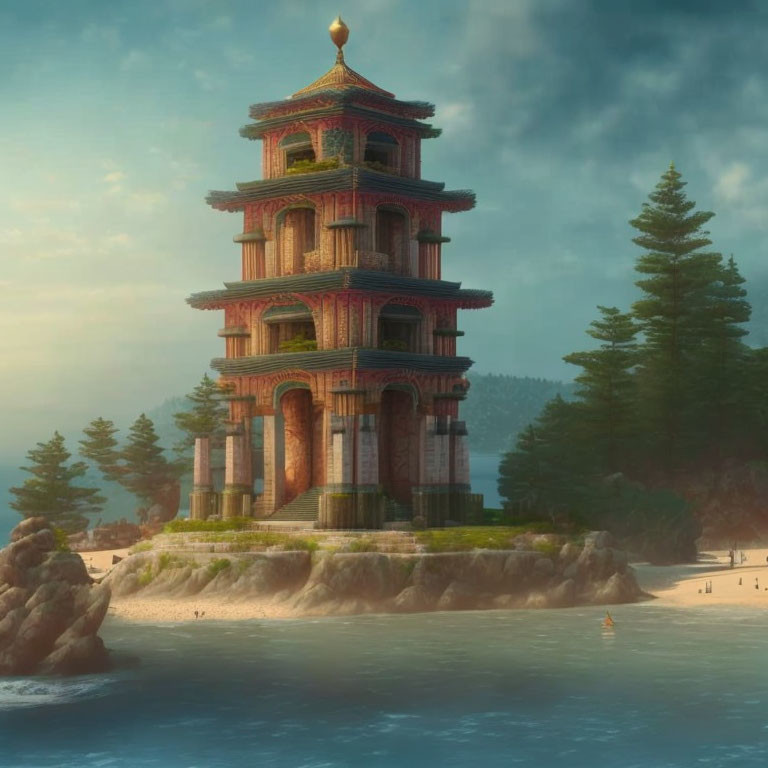 Traditional multi-story pagoda on island surrounded by serene sea