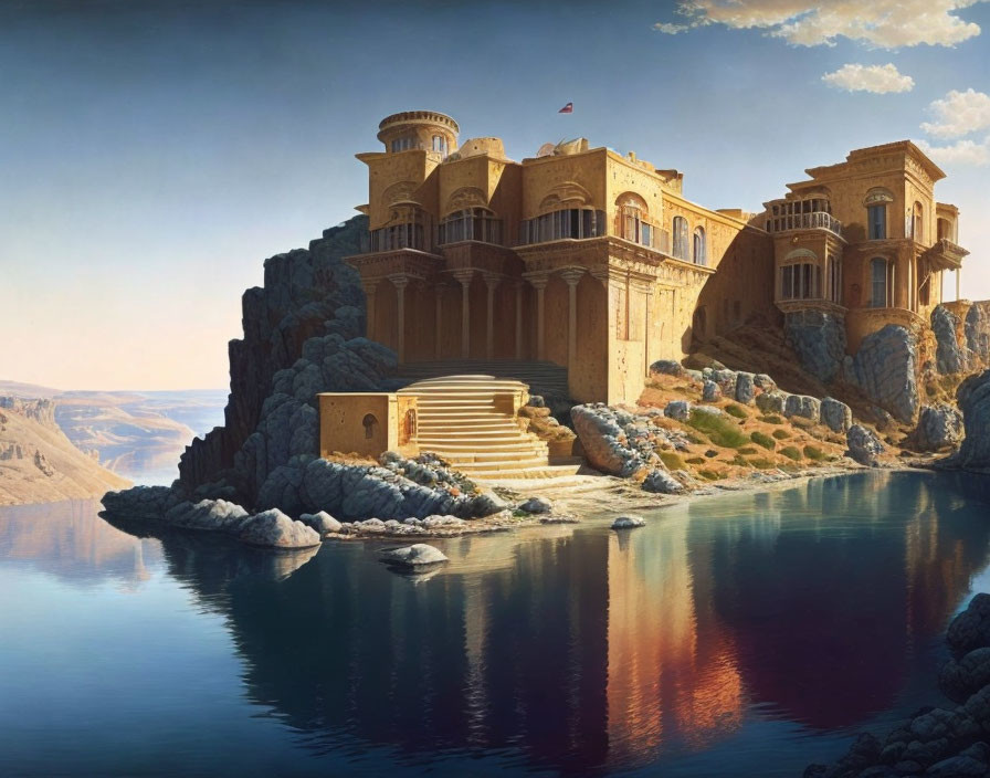 Sandstone Palace with Domes and Arches Overlooking Blue Waters