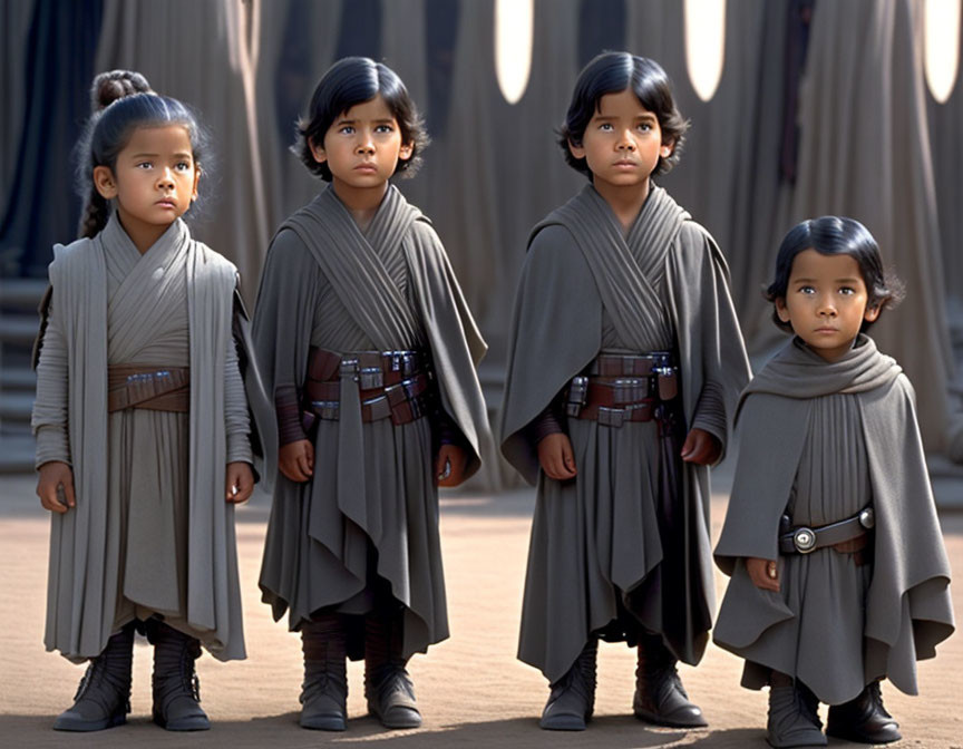 Four Young Children Dressed as Jedi from Star Wars Standing in Row