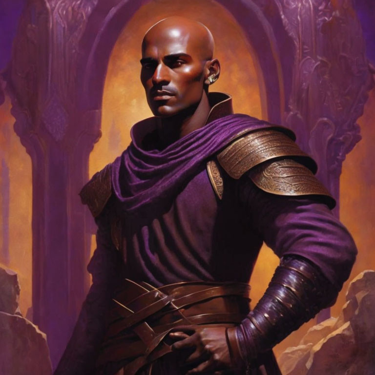 Bald Figure in Purple Cloak with Golden Shoulder Armor