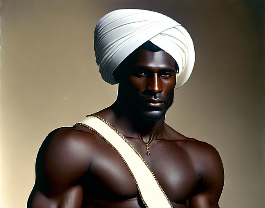 Portrait of a man in white turban and draped garment with serious expression