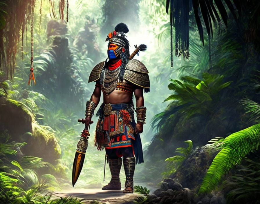 Traditional warrior in armor with mask and spear in lush jungle scenery