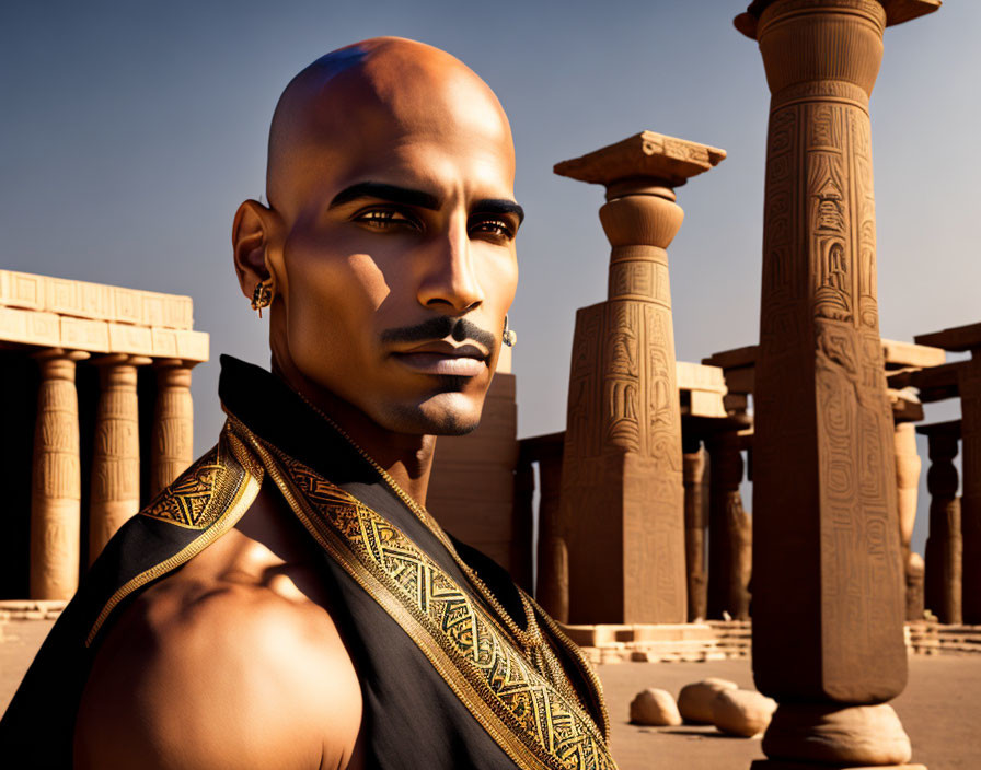 Bald man with goatee in black and gold garment near Egyptian pillars