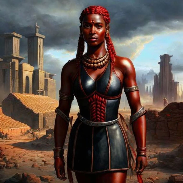 Striking red-haired warrior woman in dark armor against ancient ruins