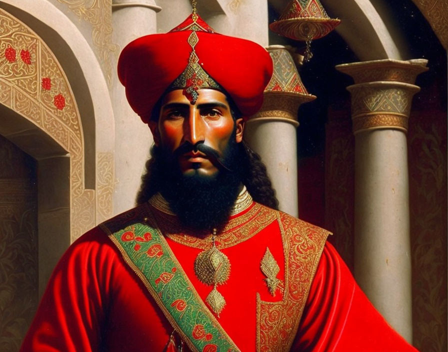 Traditional man portrait in red and green outfit with hat and beard against architectural backdrop