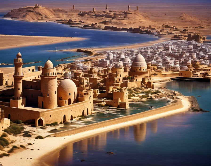 Desert city with traditional domes, minaret, river, and bridge