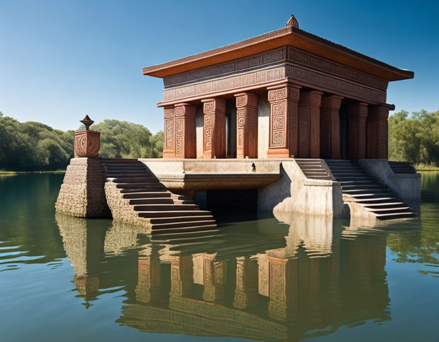 Ancient-style temple with ornate carvings reflected in tranquil lake