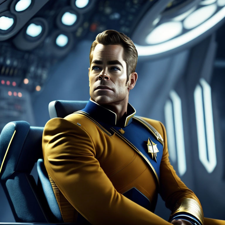 Futuristic digital artwork of man in yellow uniform in spaceship cockpit