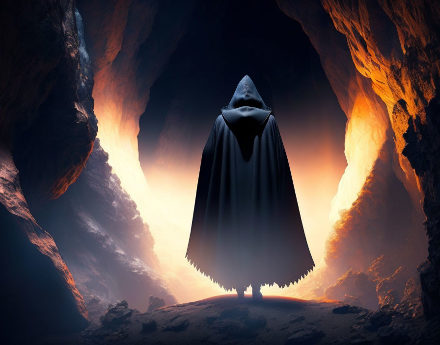 Cloaked figure at fiery cave entrance with jagged rocks