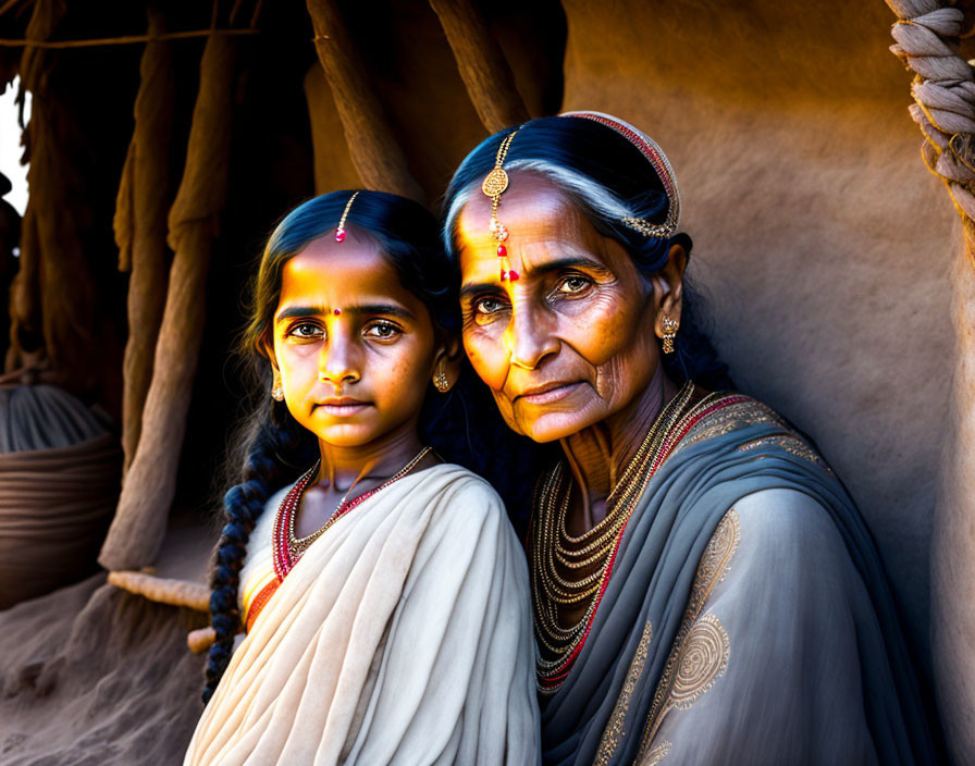 Traditional Attire: Young Girl and Older Woman in Front of Hut