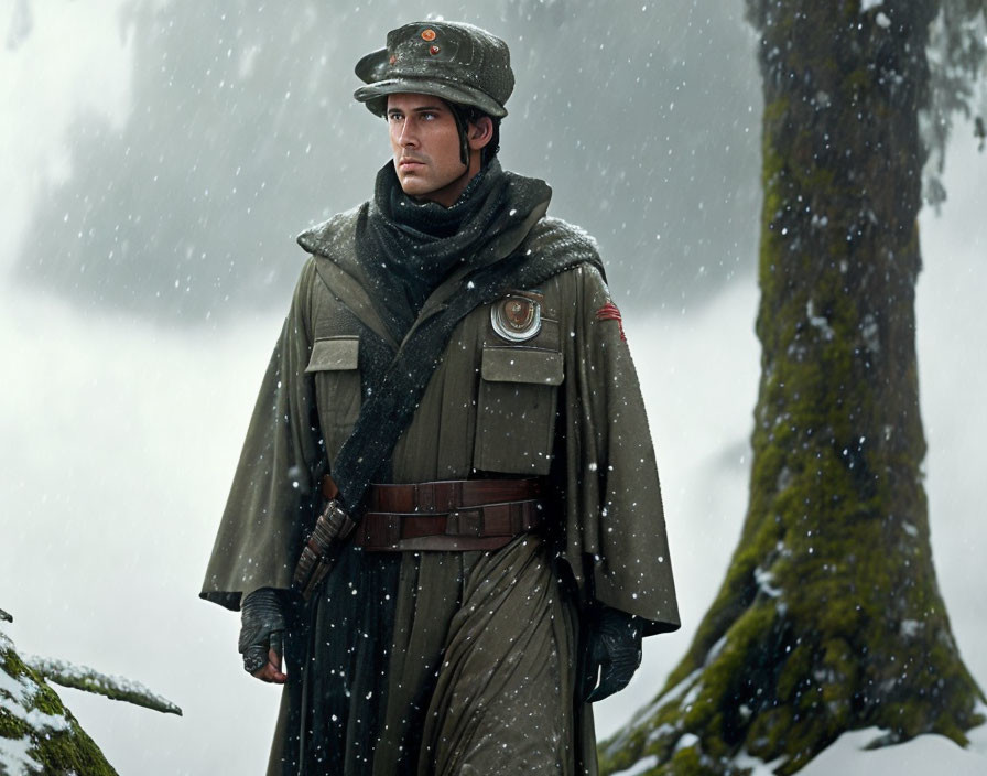 World War II soldier in snowy woods with uniform and insignia