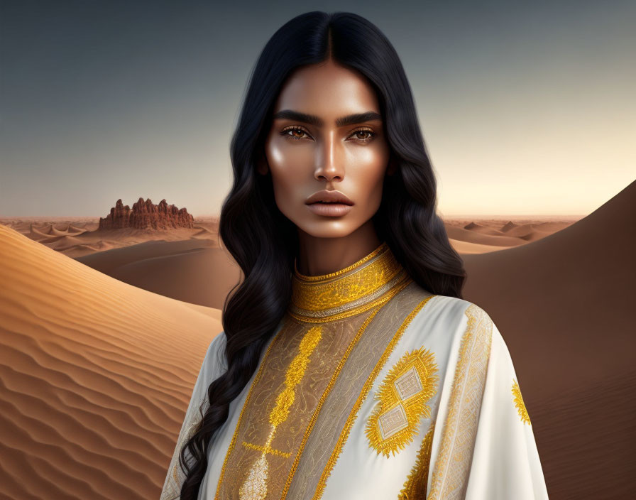 Digital portrait of woman in gold jewelry against desert backdrop