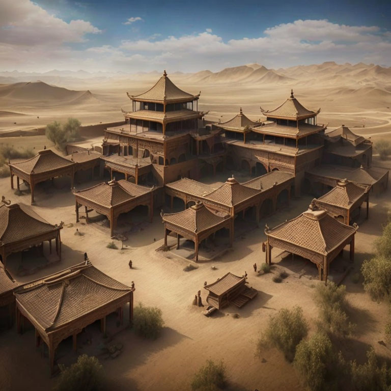 Ancient-style desert caravanserai with pagoda-like buildings in sandy landscape