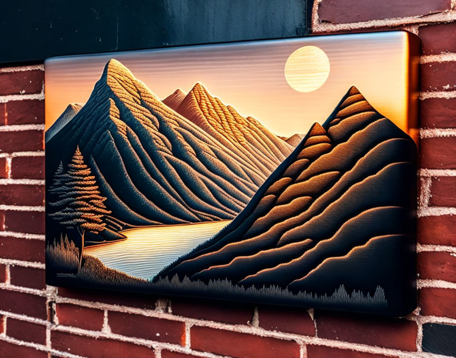 Digital art: Stylized mountains at sunset on brick wall